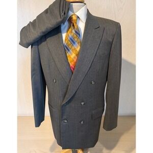 Princeton Custom Tailor Double Breasted Suit Blue Herringbone 42R Pants 32 x 30